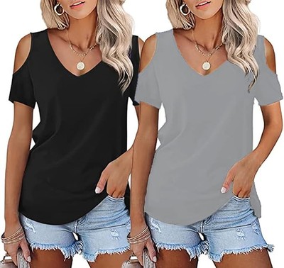 Damen Frauen Top Tee T-Shirts 2er Pack Größe M Oberteile V-Ausschnitt Cold Shoulder