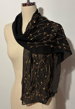 Black Sheer Oblong Scarf With Brown  Gold Embroidered Branches  Buds