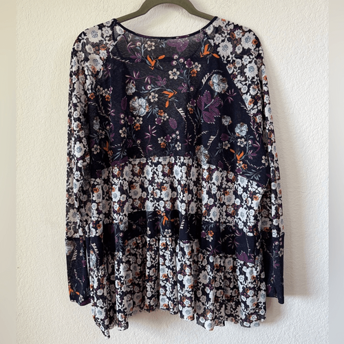 Free People Isabelle Floral Tunic Top Blouse S Boho Oversized Semi Sheer Peasant - Picture 9 of 10