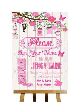 Rosa Shabby Chic rustikal Holzoptik Jenga Spiel Botschaft personalisiert Hochzeit Schild