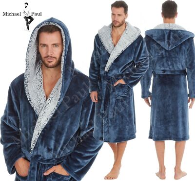 Mens Snuggle Dressing Gown Soft Cosy Hooded Fleece Bath Robe