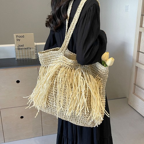 Borsa a tracolla donna tessuto artificiale paglia grande estate borsa spiaggia borsa a mano - Foto 5 di 18