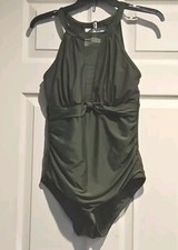 NWT M High Neck Ruched Monokini Army Green 1 Pc Swimsuit Slimming Bathing Suit