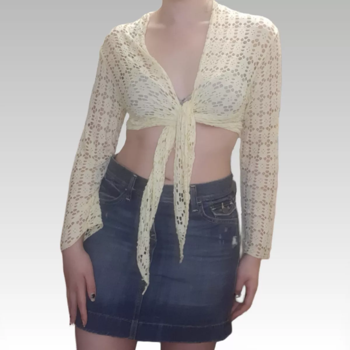 Coquette Tie Front Holey Cardigan Small Medium Sheer Summer Yellow Laser Cut