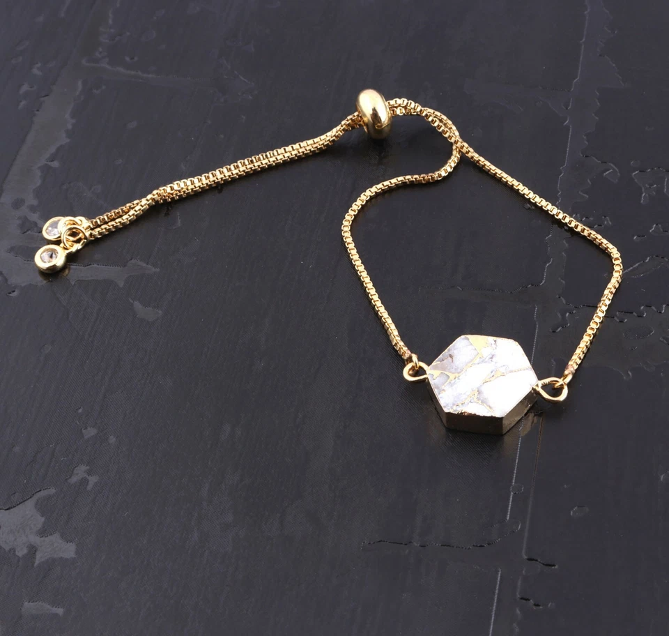 Hexagon Copper Howlite Turquoise CZ Quartz Gold Plated Adjustable Chain Bracelet - Image 2 of 3