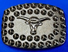 Cow Bull Long Horn Studded Accents Cowboy Bikers Statement Belt Buckle