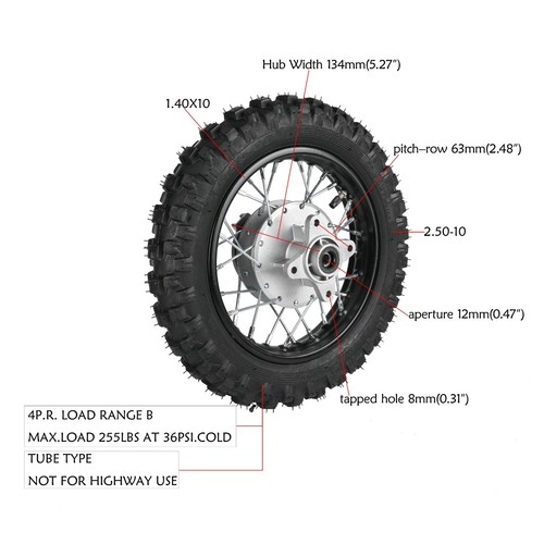 10" Wheel Tire 2.50-10 Front + Rear 1.4x10 Rim for Dirt Bike CR50 XR TTR50 70cc - Picture 3 of 9