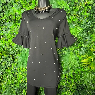 STEM & VINE Tops Women Small Black Pearl Accent Round Neckline Bell Sleeve 0383