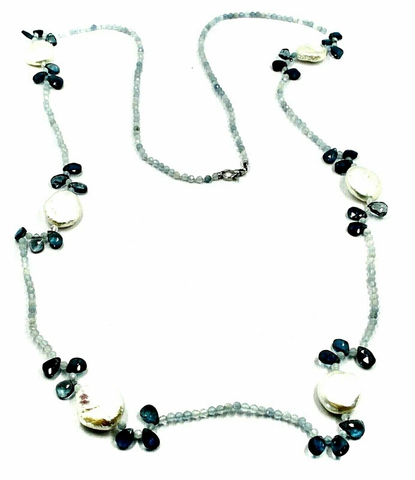 Collier Long En Or Blanc 18K, Avec Aigue-Marine, Topaze London Blue Et Perles - Photo 4/4