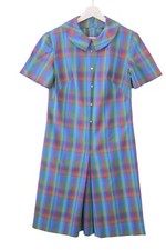 Vintage 60's Plaid Peter Pan Collar Heart Buttons Pleat Shift Dress Small