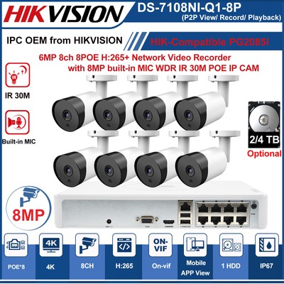 Hikvision 4k 8ch 8 PoE CCTV Systems 8MP built-in MIC IR 30m Bullet IP Camera Lot