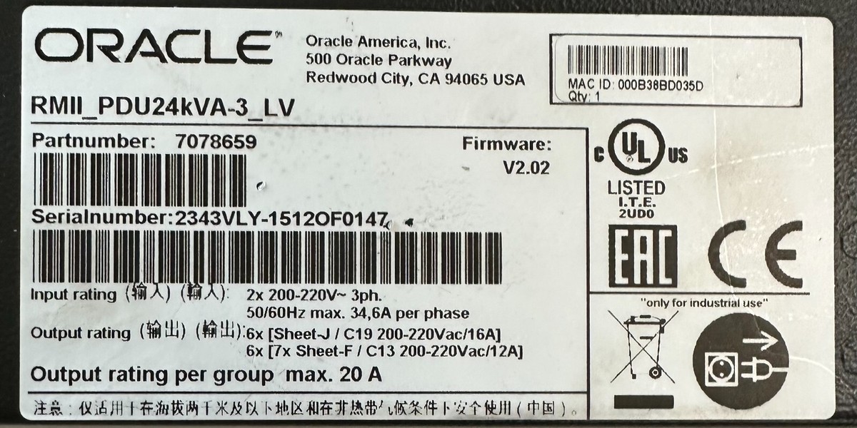 RMII_PDU24kVA-3_LV 7358244 7358243 SUN ORACLE PDU POWER RACK II