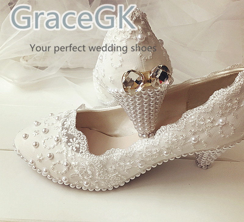 Lace white ivory crystal Women's Wedding shoes Bridal flats low high heel  pump
