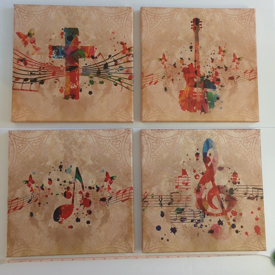 Set Of 4 Music Theme Beautiful Wall Art Canvas Print 12x12" Guitar Notes Cross - Image 1 of 4