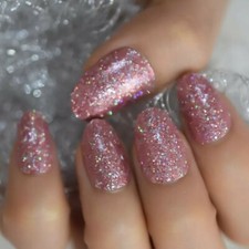 Pink Glitter Press on Nails with glue short rose gold sparkle oval almond