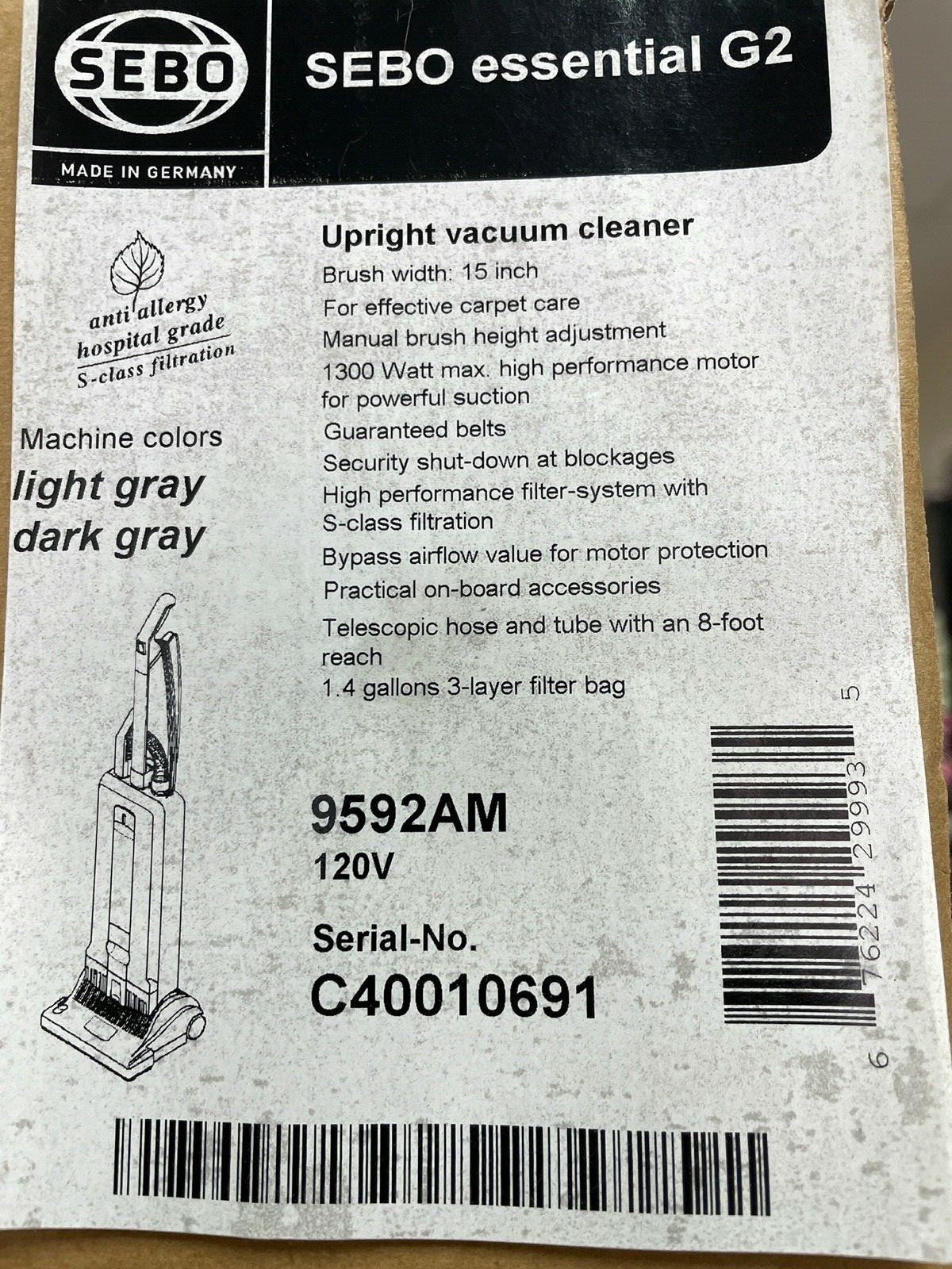 Brand New Sebo Essential G2 G5 Upright Vacuum Cleaner 9592AM 120V eBay