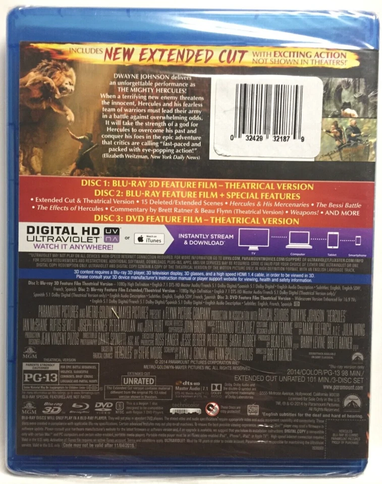Hercules 3D & 2D (Blu-ray 3D/Blu-ray/DVD,2014,Unrated,Extended,Widescreen) NEW! - Image 3 of 4