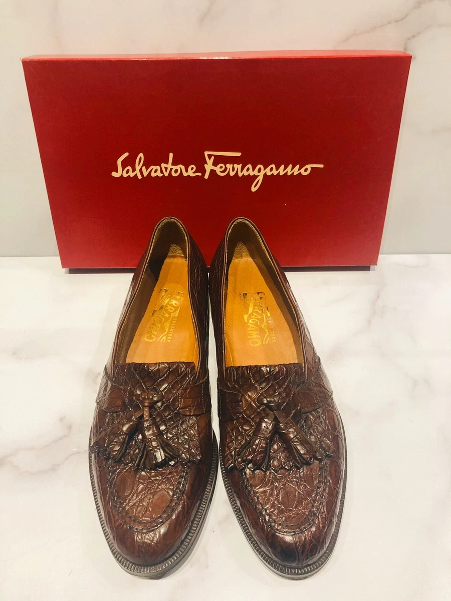 Salvatore Ferragamo Novara Brown Crocodile Men s Tassel Loafers