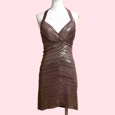 bcbgmaxazria brown dress Hamin Fringe Faux Suede Vest BCBGs Valentina gown is sculpted from smooth matte jersey with artful draping that elevates the statuesque column silhouette BCBGMAXAZRIA Brown Shimmery Halter Dress