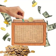 10000 Savings Challenge Box, Wooden Money Saving Piggy Bank for Adults Kids