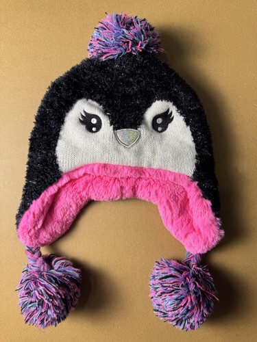 Pinguin Mütze Beanie Ohrenklappe Jugend S/M schwarz rosa flauschig Winter Bommel Capelli - Bild 1 von 6