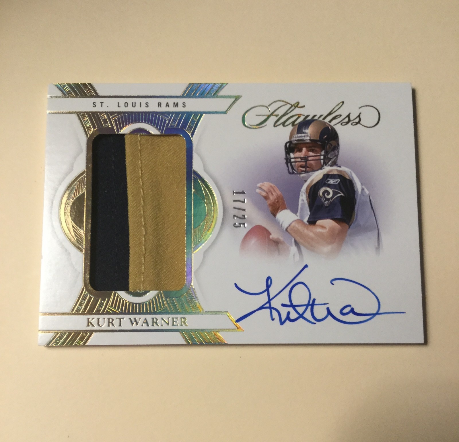 2025 Panini Flawless Kurt Warner On Card Auto Patch Gold Holo #17/25 Autograph view 1