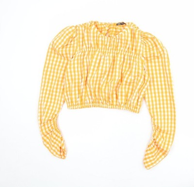 Zara Damen Orange Kariert Viskose Basic Bluse Größe S Rundhals