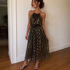 Anthropologie Sunday In Brooklyn Black Gold Halter Midi Dress Polka Dot Small