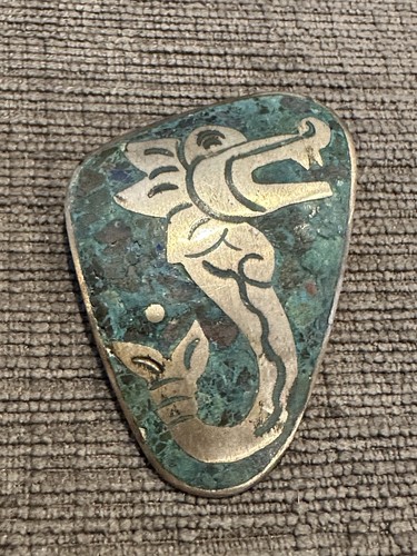 VTG Mexico TAXCO Sterling Silver 925 Inlaid Turquoise Dragon Brooch Pin