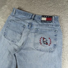 VTG 90s Tommy Hilfiger Jeans Mens 32x30 Blue Baggy Flag Crest Distressed Grunge
