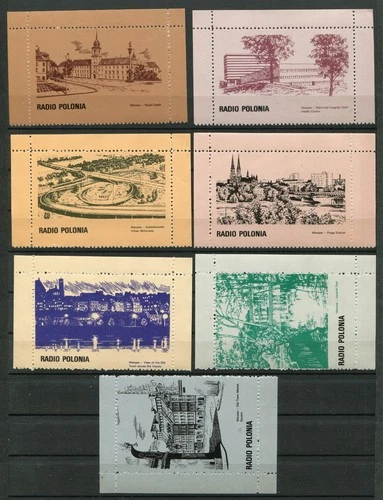 7 Large "Radio Polonia" Stickers - Views of Warsaw - New Without Hinge
