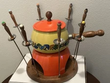 Vintage Fondue Pot Set Retro Orange Yellow Mushrooms Enamel  J.C. Penney 1970s