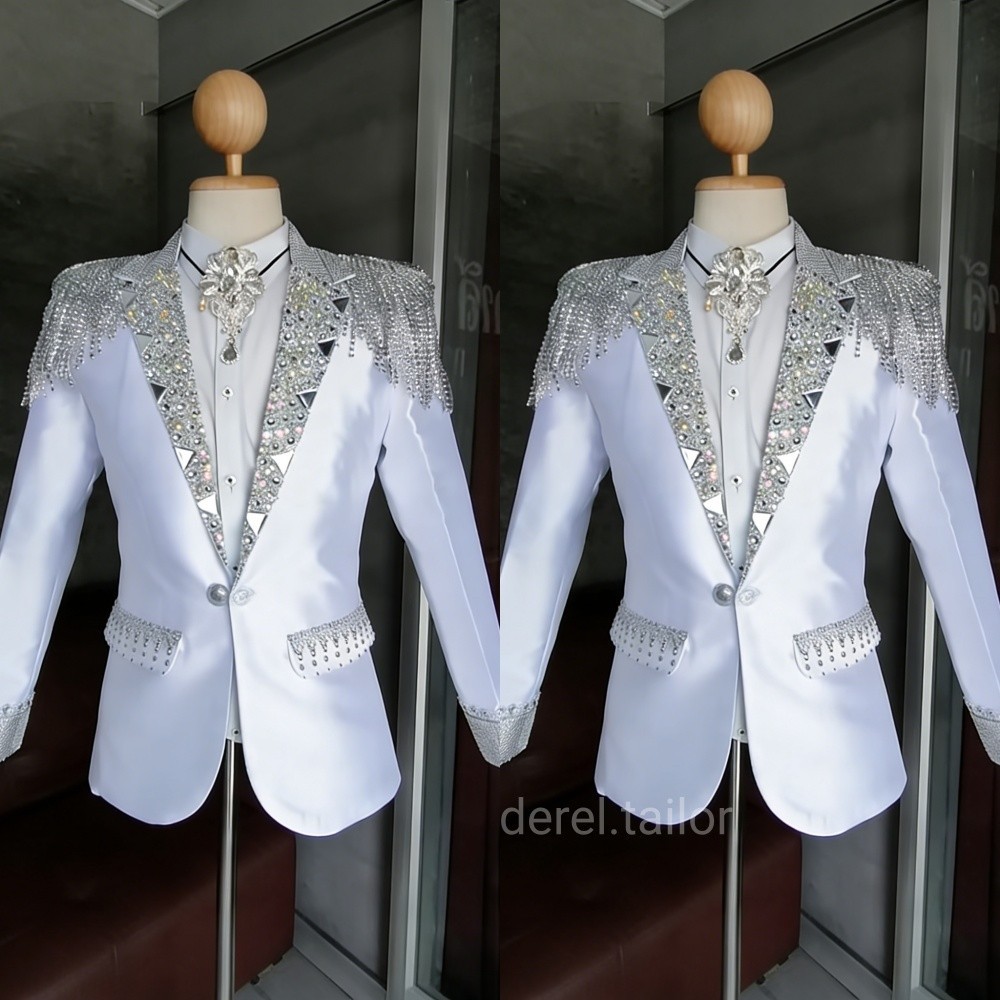 Beaded men suits with cape rhinestone tuxedo for wedding fashion red carpet suit