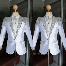 Beaded Men Suits with cape Rhinestone Tuxedo for Wedding Fashion Red Carpet Suit