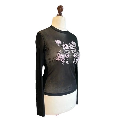 Bershka pink dragon floral mesh top long sleeve size M UK