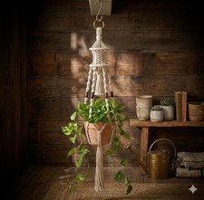 VINTAGE Macrame Hanging Plant Hanger Holder Beige Cotton Boho Large 70s