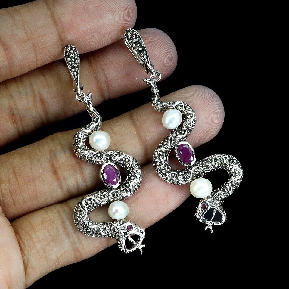 925 Sterling Silver Earrings Oval Ruby Pearl Marcasite Gemstone Cobra Jewelry - Image 2 of 4