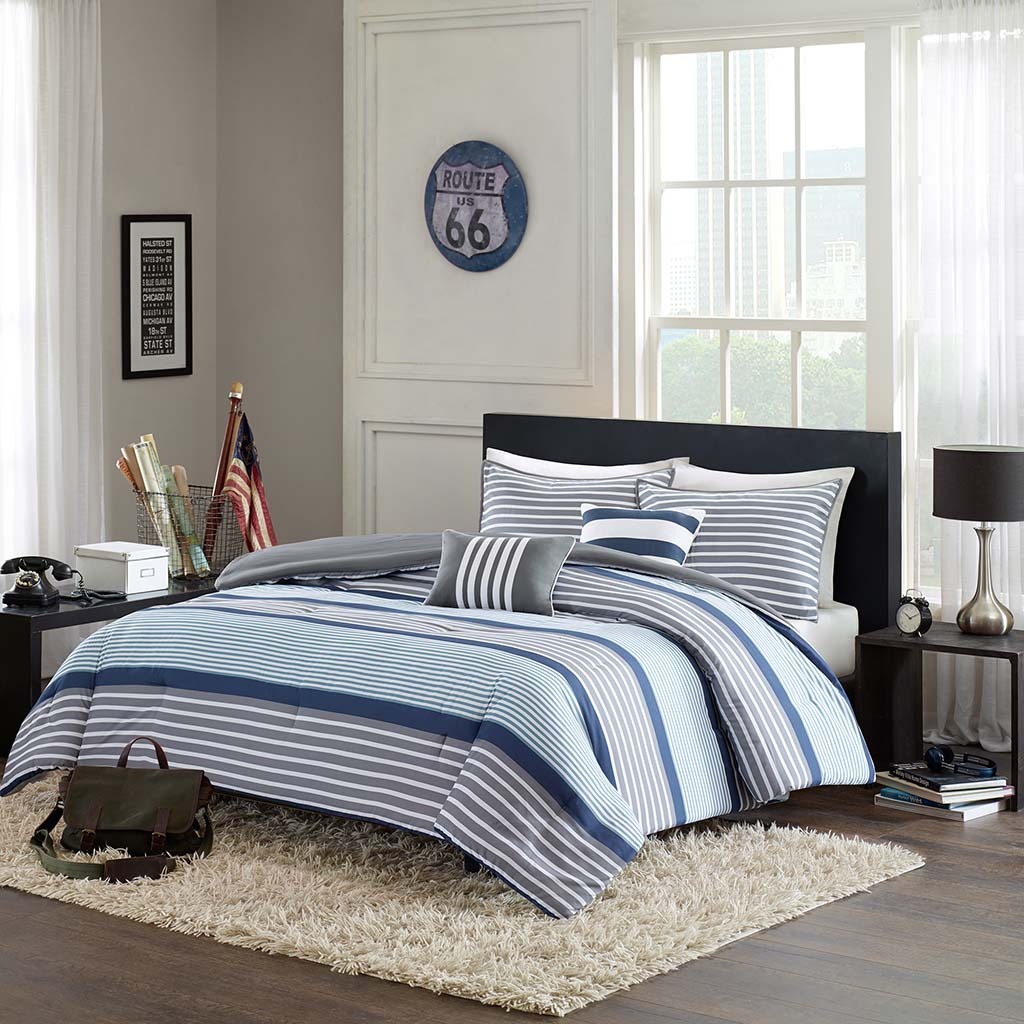 BEAUTIFUL MODERN SPORTY STRIPE grau BOY Blau AQUA NAVY COMFORTER SET & 2 PILLOWS BEAUTIFUL MODERN SPORTY STRIPE grau BOY Blau AQUA NAVY COMFORTER SET & 2 PILLOWS