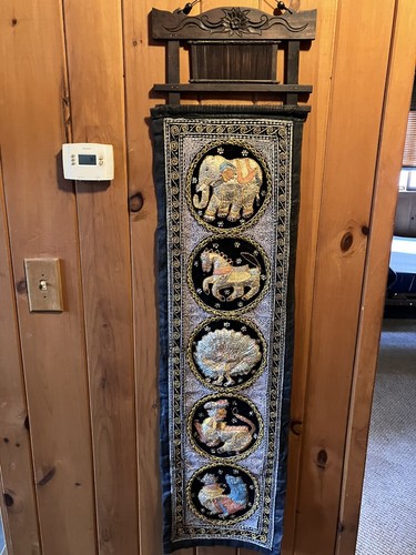Thai Burmese Kalaga Tapestry Hand Made Elephants Dragon Wall Hanging 57 x 14”