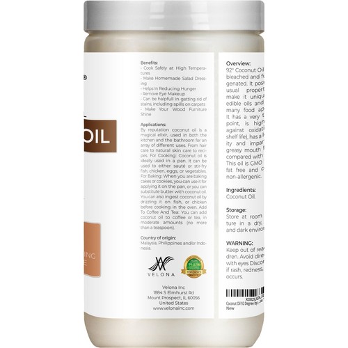 Coconut Oil 92 Degree by Velona - 2 Fl Oz / 1 Gal in jar Refined Cold pressed - Picture 33 of 43