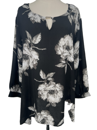 NWT Allison Daley Women's Plus Size 3X Black Floral Tunic Shirt Semi-Sheer