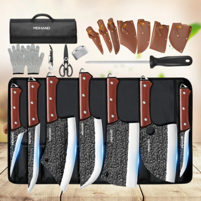 Professional Butcher Knife Set Meat Cleaver Hand Forged Chef Knife with Roll Bag