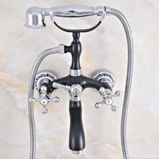 Black Chrome Brass Wall Mount Bathroom Clawfoot Bath Tub Faucet w/ Hand Shower
