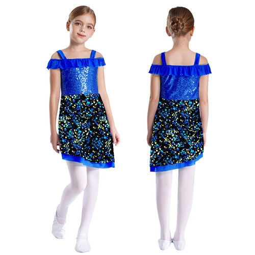 Kids Girls Dancewear Costume Dresses Prom Gown Party Sequins Modern Patchwork - Picture 64 of 89