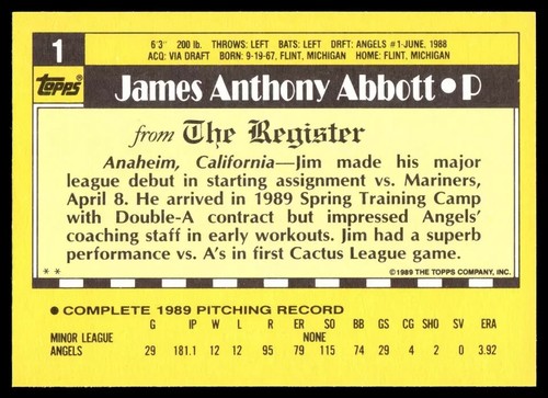 1989 MAJOR LEAGUE DEBUT Topps Trading Card #1 - JIM ABBOTT - Debut 4/8/1989 - Bild 2 von 2