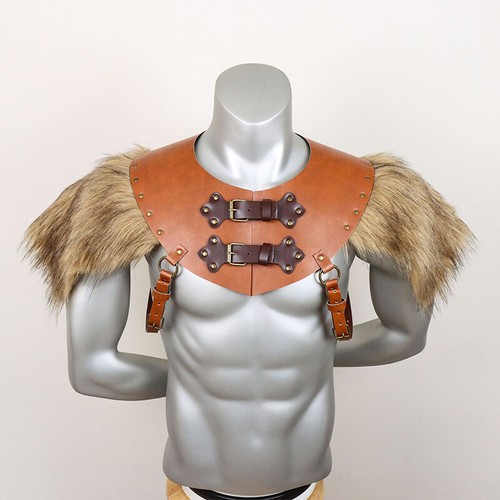 Medieval Leather Fur Cape Knight Cosplay Props Men Shoulder Armor Harness - Picture 16 of 17