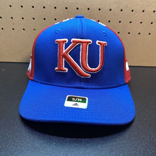 Kansas Jayhawks Hat Cap Small Medium Blue Red S/M Flex Adidas Mens NCAA - Picture 1 of 8