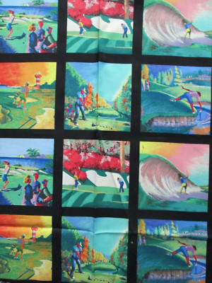 Golf Golfing Play Course 24 Block Cotton Fabric Panel 