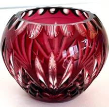 Nachtmann German Lead Crystal Bowl Vase Cranberry Cut to Clear Hand Blown & Cut