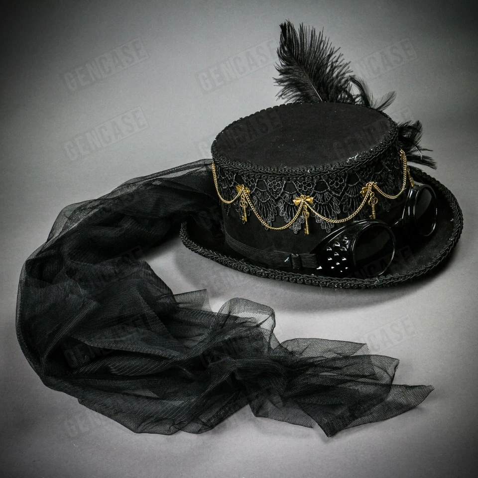 Black Steampunk Burning Man Women Top Hat with Goggles and Lace Party Head Gear - Image 3 of 4